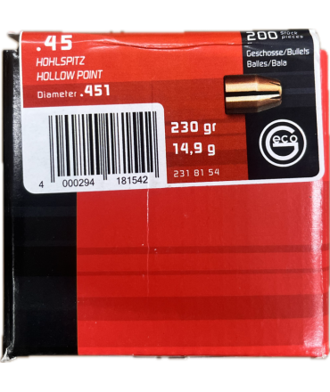 Boite de 200 ogives GECO HOHLSPITZ  45 ACP 230gr